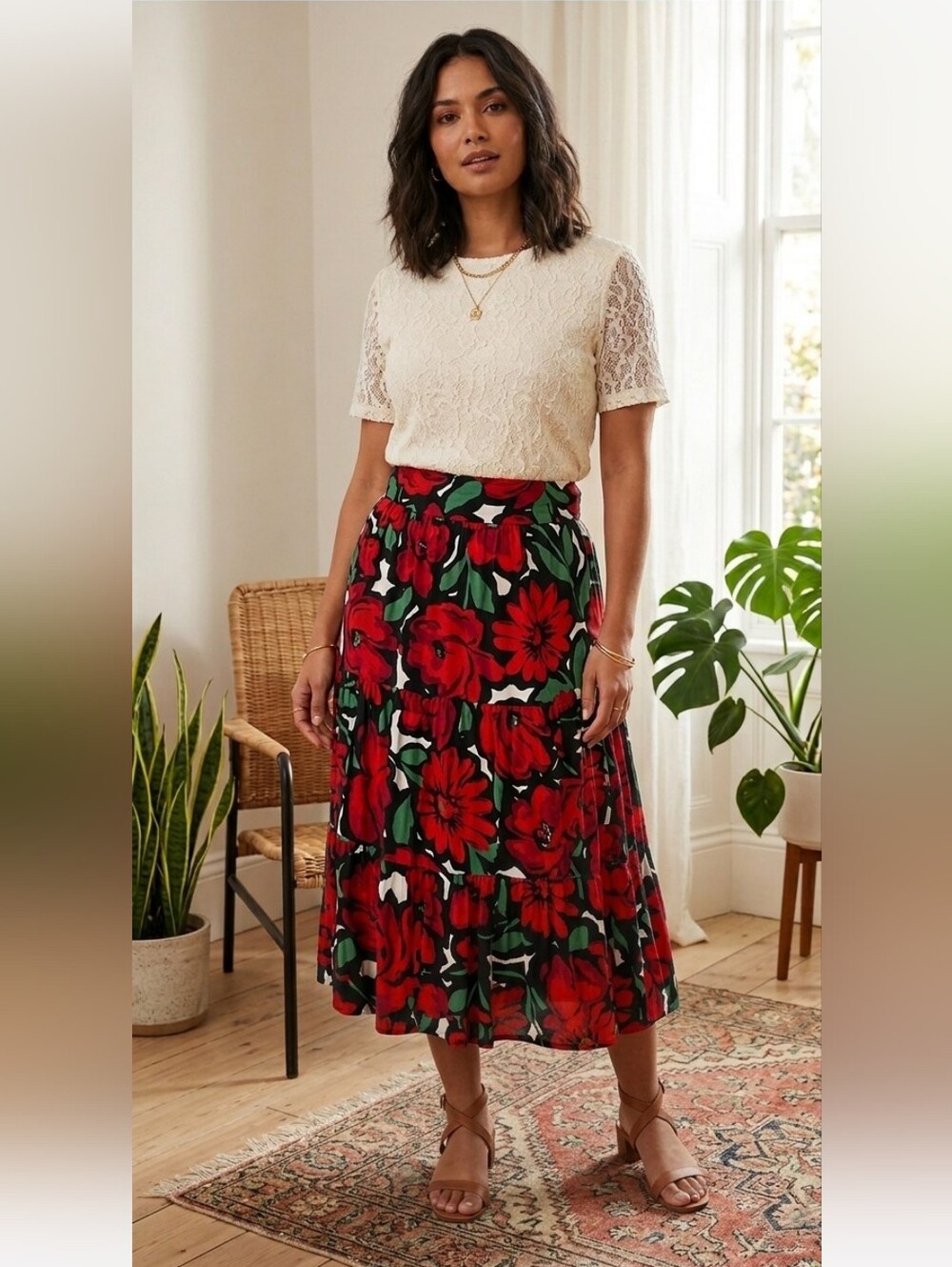Woman Bold Red Floral Statement Skirt Size UK 14/US 10
